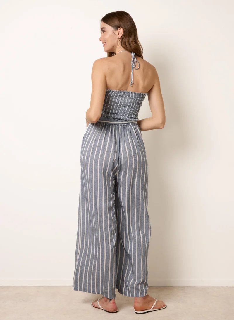 بلو فانيلا Bardot Tie Neck Pinstripe Jumpsuit